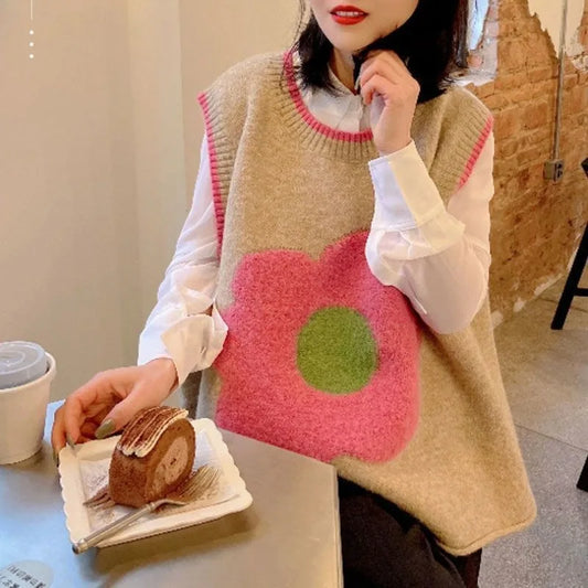 New Knitted Vest Women's Autumn Loose Small Fresh Flower Vest