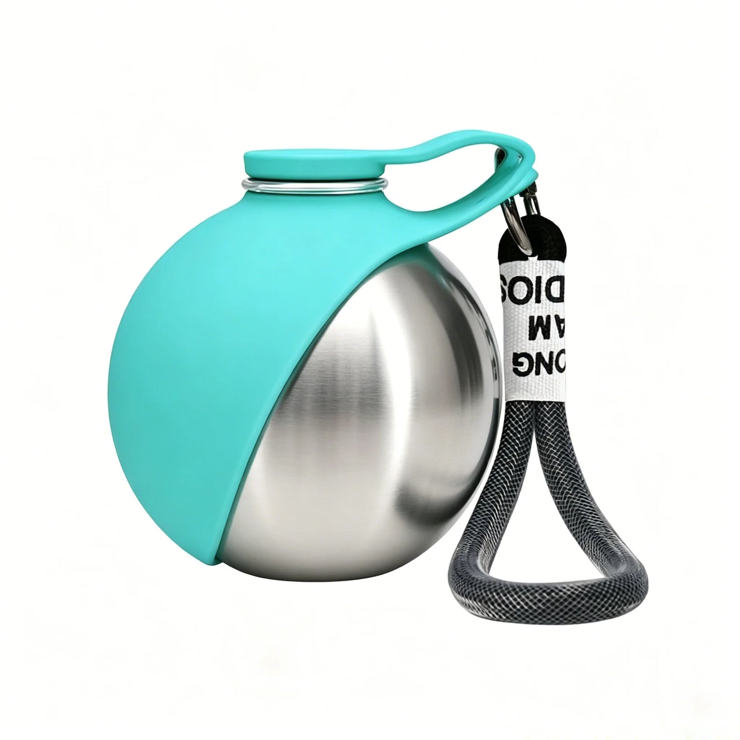 Stainless steel pet water bottle with pink and blue foldable bowls for outdoor preparation,