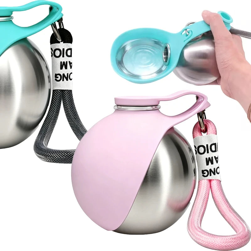 Stainless steel pet water bottle with pink and blue foldable bowls for outdoor preparation,