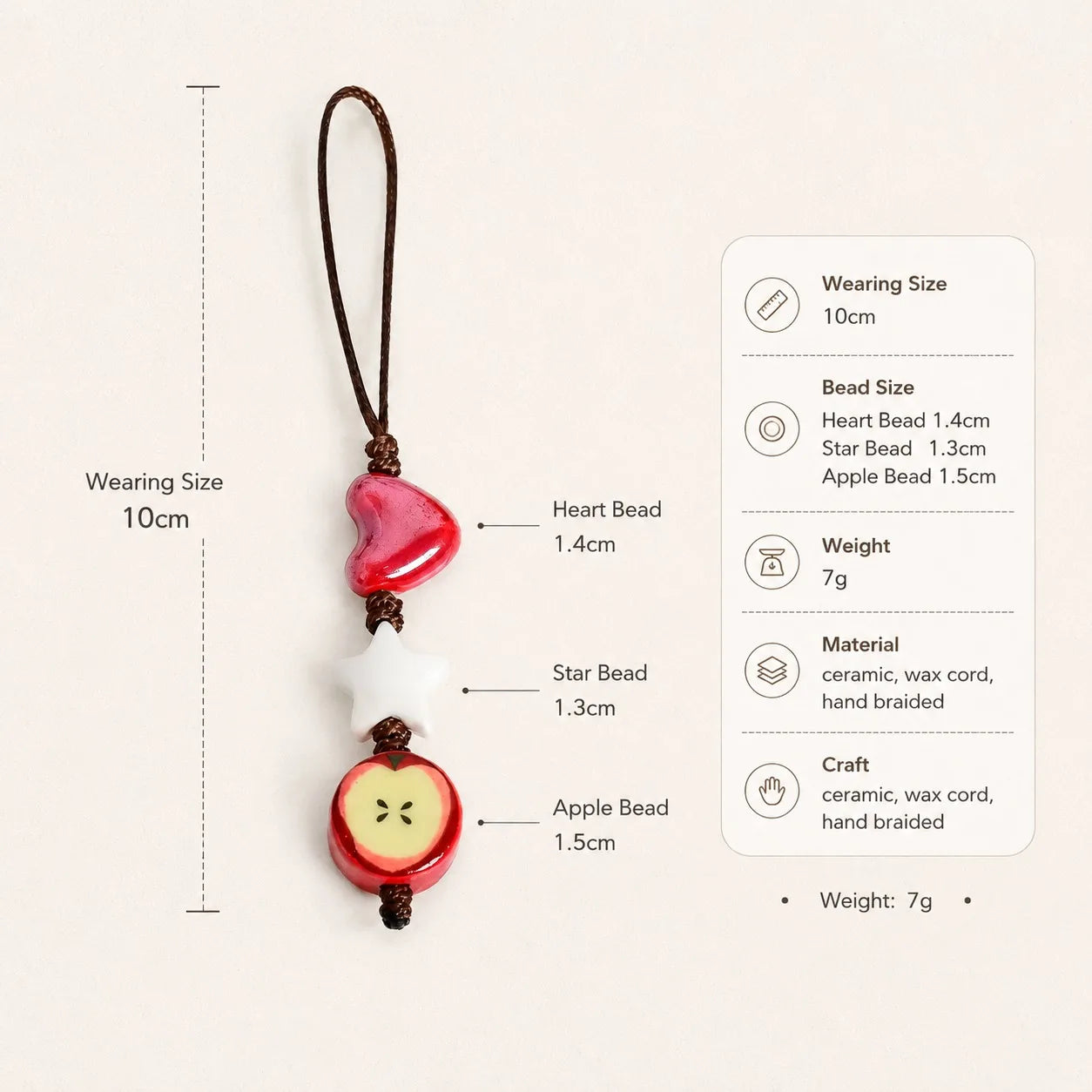 Handmade Ceramic Heart Star Apple Bag Charm – Braided Wax Cord Everyday Accessory