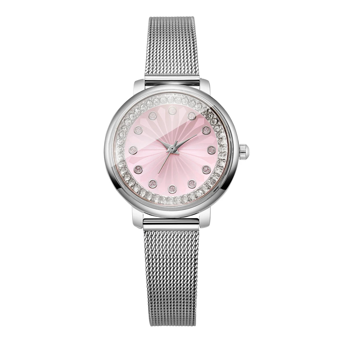 Elegant Women's Rhinestone Quartz Watch – Silver Mesh Strap Dress Wristwatch