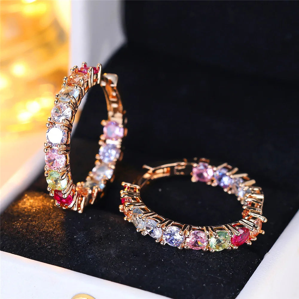 Luxury Crystal Pink Red Rainbow Zircon Round Hoop Earrings - Gold Color Wedding Jewelry for Women"