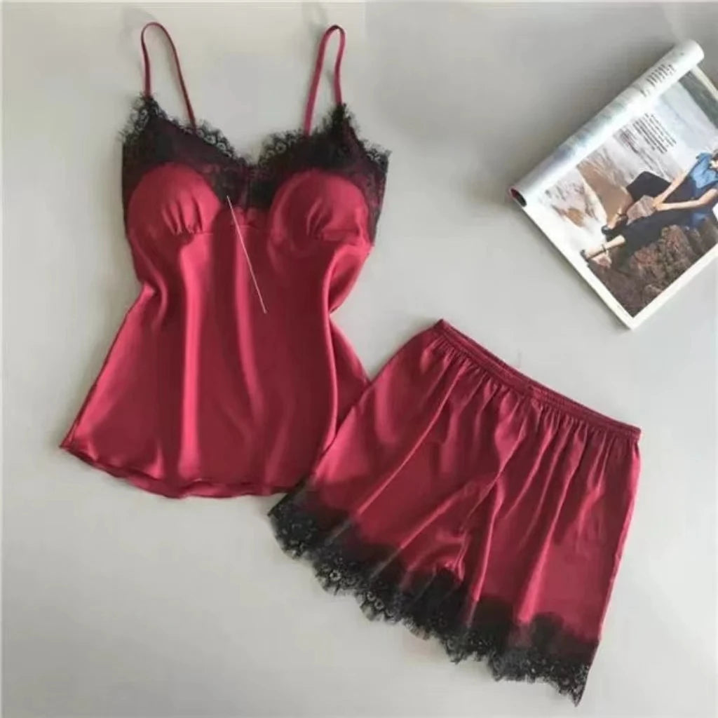 Sexy 2-piece halter pajamas with lace camisole and shorts. Comfortable and breathable.