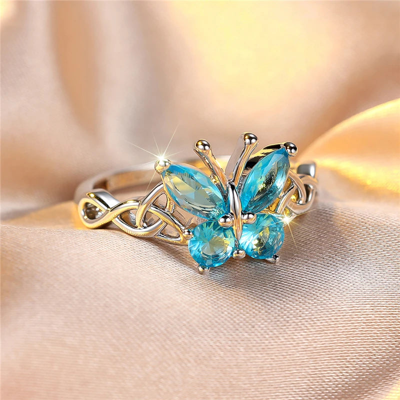 Luxury Blue Zircon Butterfly Engagement Ring for Women