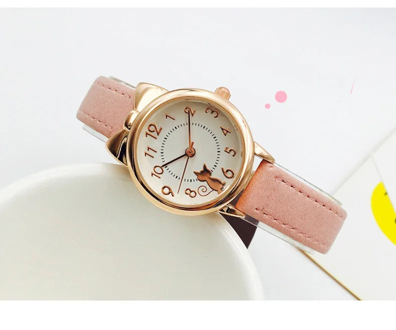 Kids' Cute Cat Cartoon Watch for Girls – Waterproof Quartz