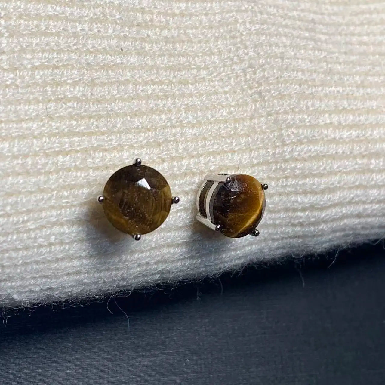 Vintage Natural Tiger's Eye Copper Stud Earrings – Genuine Gemstone for Women