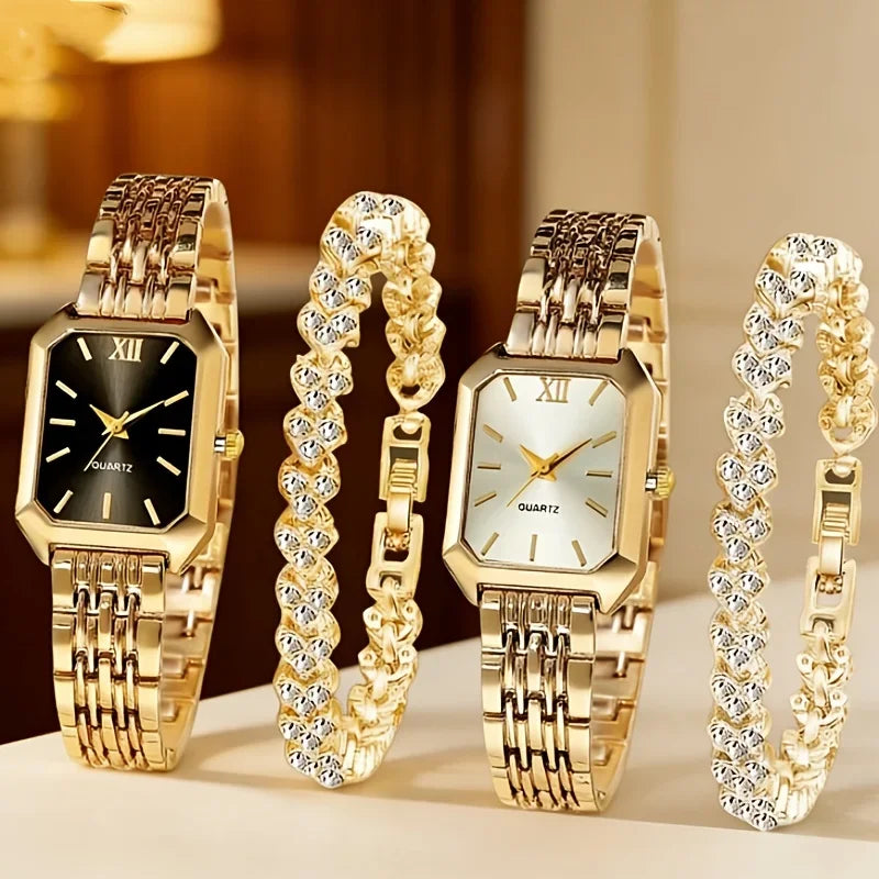 Elegant Rectangle Women's Quartz Watch & Heart Bracelet Set – 4PCS Ladies Wristwatch