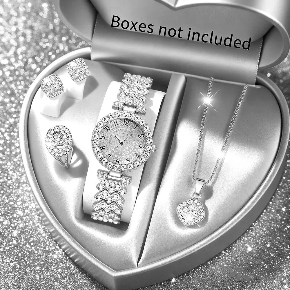 Luxury Rhinestone Women's Quartz Watch & Jewelry Set – 5PCS Elegant Bracelet Wristwatch