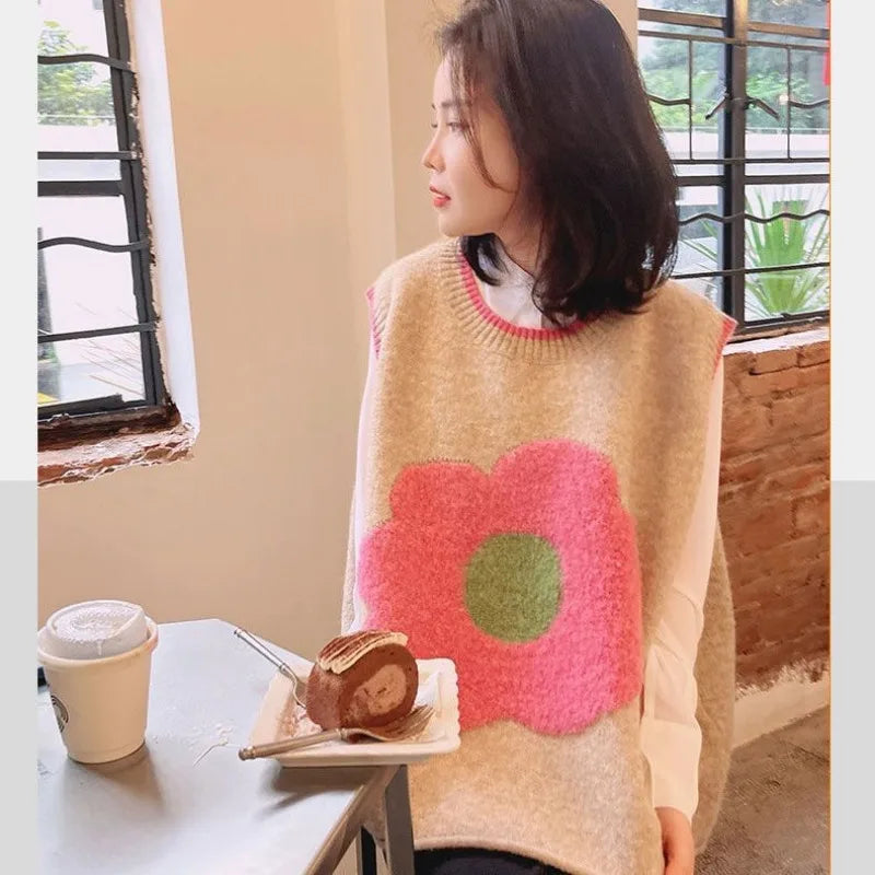 New Knitted Vest Women's Autumn Loose Small Fresh Flower Vest