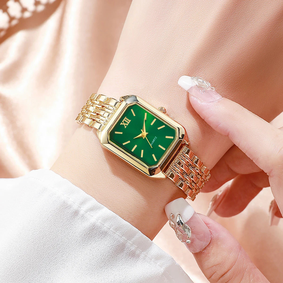 Elegant Rectangle Women's Quartz Watch & Rhinestone Jewelry Set – 6PCS Ladies Wristwatch
