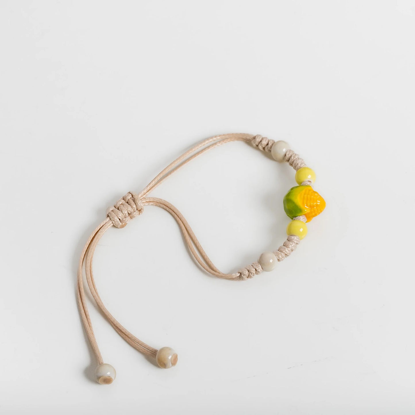 Handmade Ceramic Corn Charm Bracelet – Adjustable Wax Cord Boho Jewelry Gift for Women