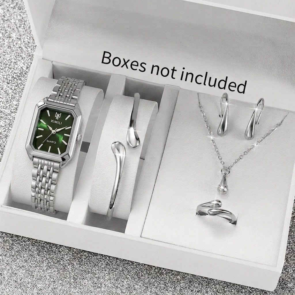 Fashion Rectangle Women's Quartz Watch & Jewelry Set – 6PCS Steel Band Wristwatch