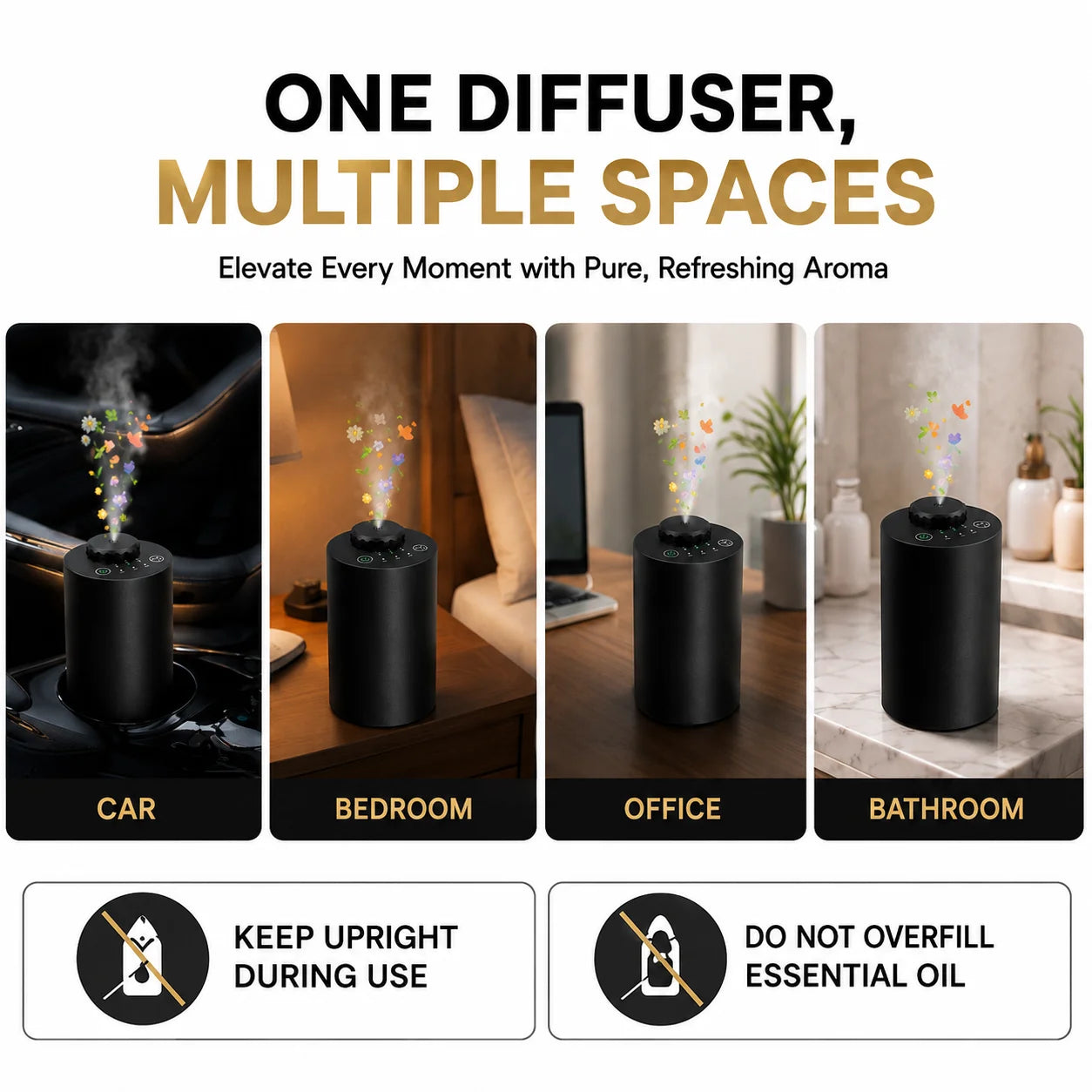 Rechargeable Waterless Essential Oil Diffuser Cordless Aromatherapy Car Diffuser with Timing Setting and 3 Fragrance Levels