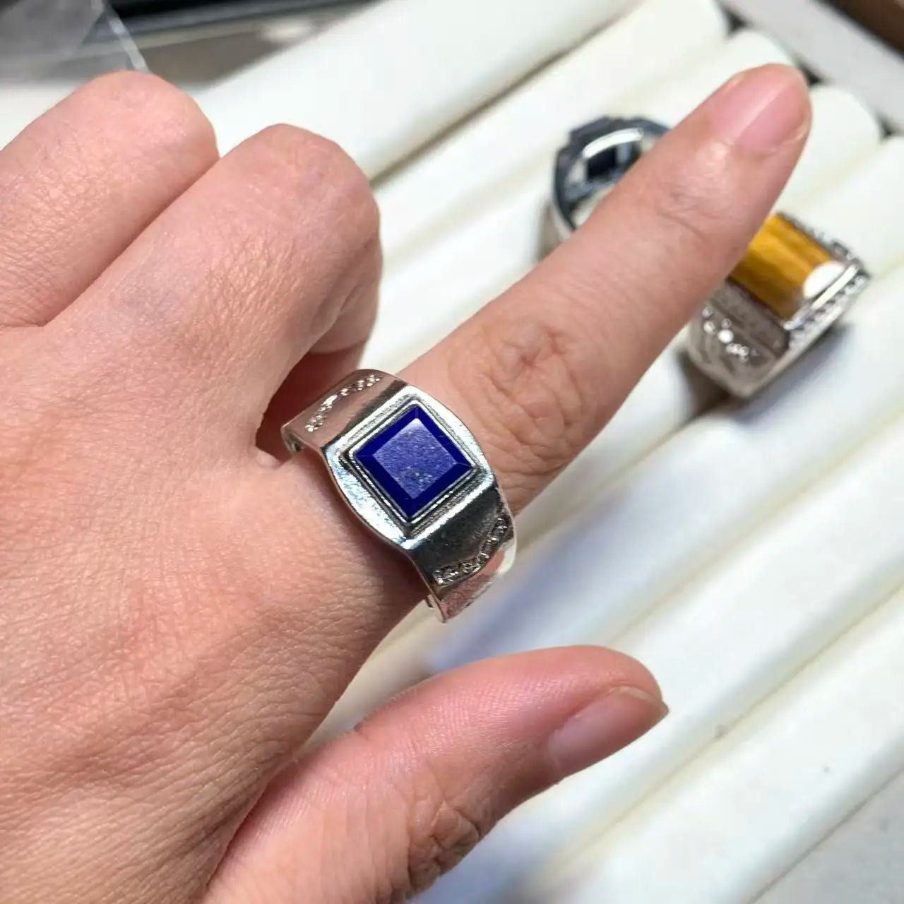 Natural Lapis & Tiger's Eye Ring – Adjustable Vintage Gemstone Ring for Men & Women