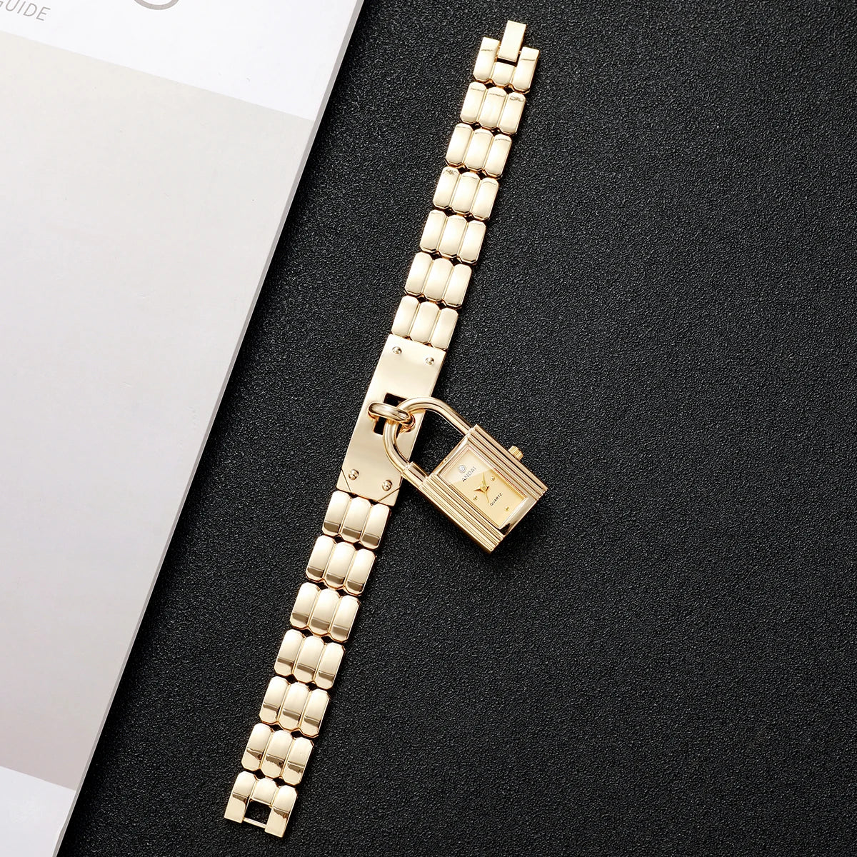 Unique Lock Shape Pendant Women's Quartz Watch – Golden Bracelet Strap Dress Wristwatch