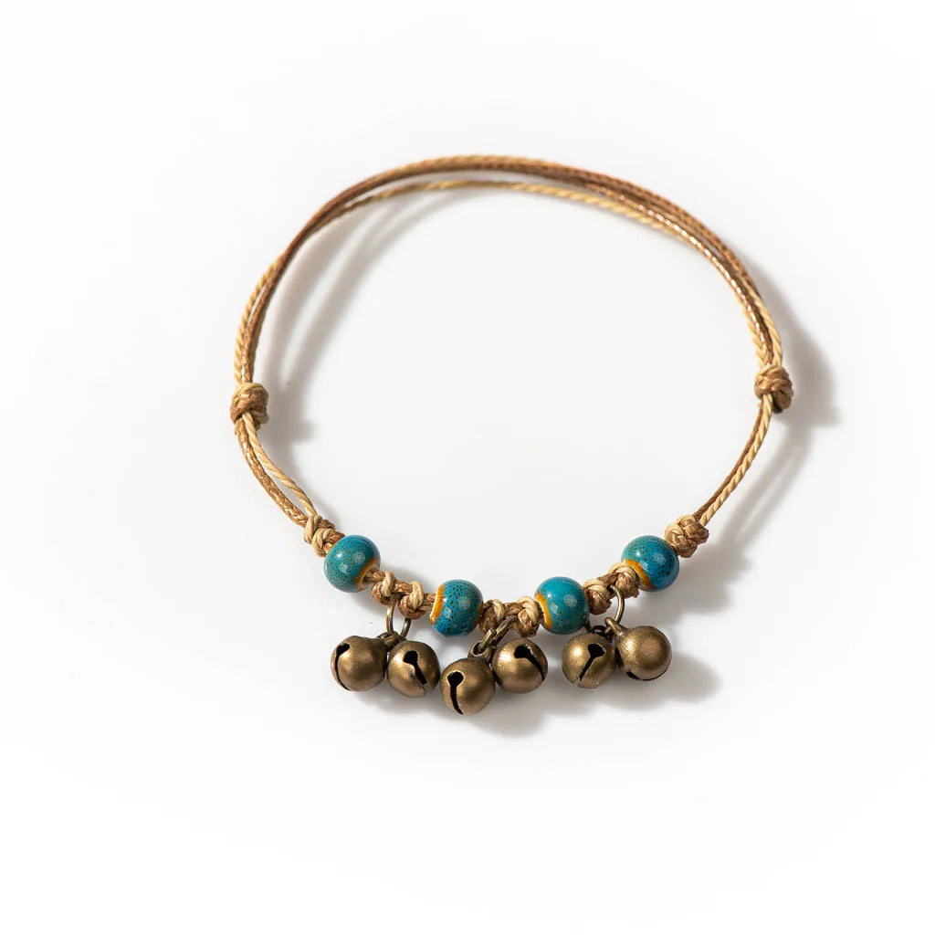 Handmade Ceramic Bead Bracelet with Small Bell – Adjustable Artisan Jewelry Gift