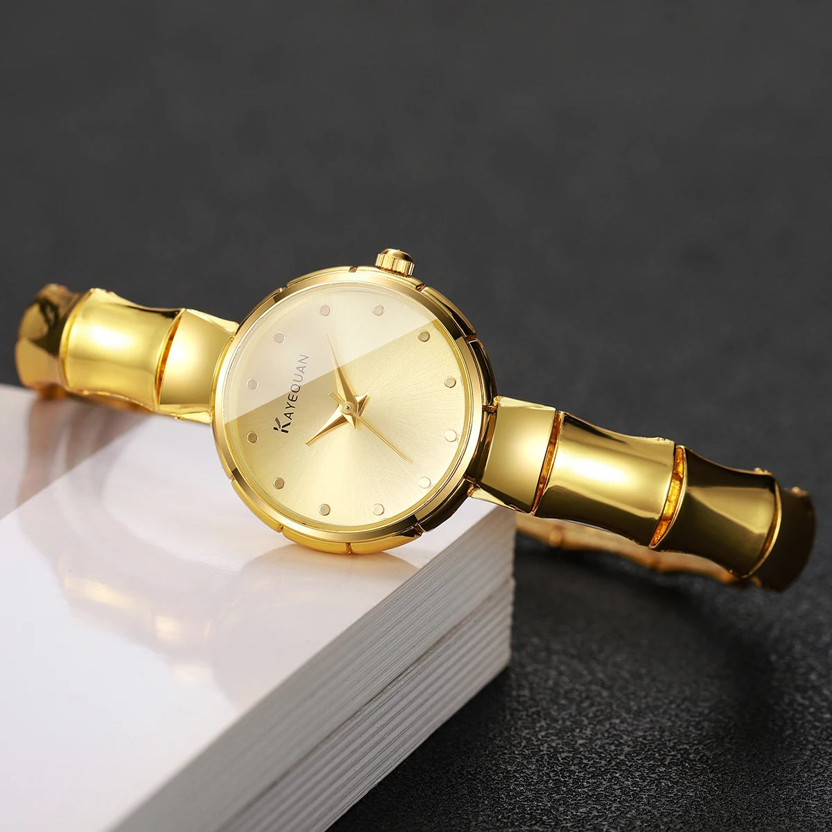 Elegant Women's Gold Bamboo Bracelet Quartz Watch – Luxury Dress Wristwatch