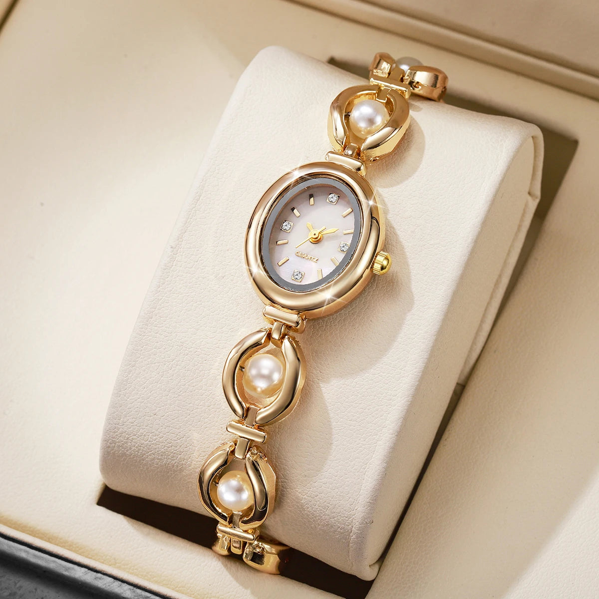 Elegant Pearl Bracelet Women's Diamond Quartz Watch – Fashion Ladies Wristwatch
