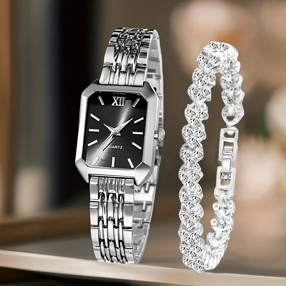 Fashion Rectangle Women's Quartz Watch & Rhinestone Bracelet Set – 2PCS Roma Dial Wristwatch