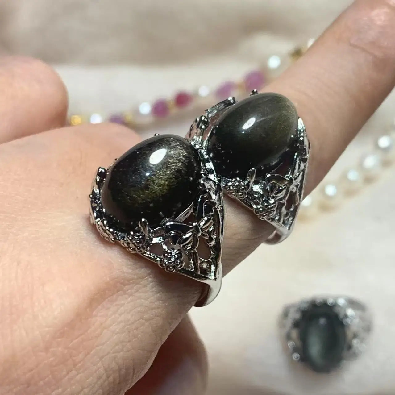 Natural Obsidian Adjustable Ring – Vintage Gemstone Ring for Women