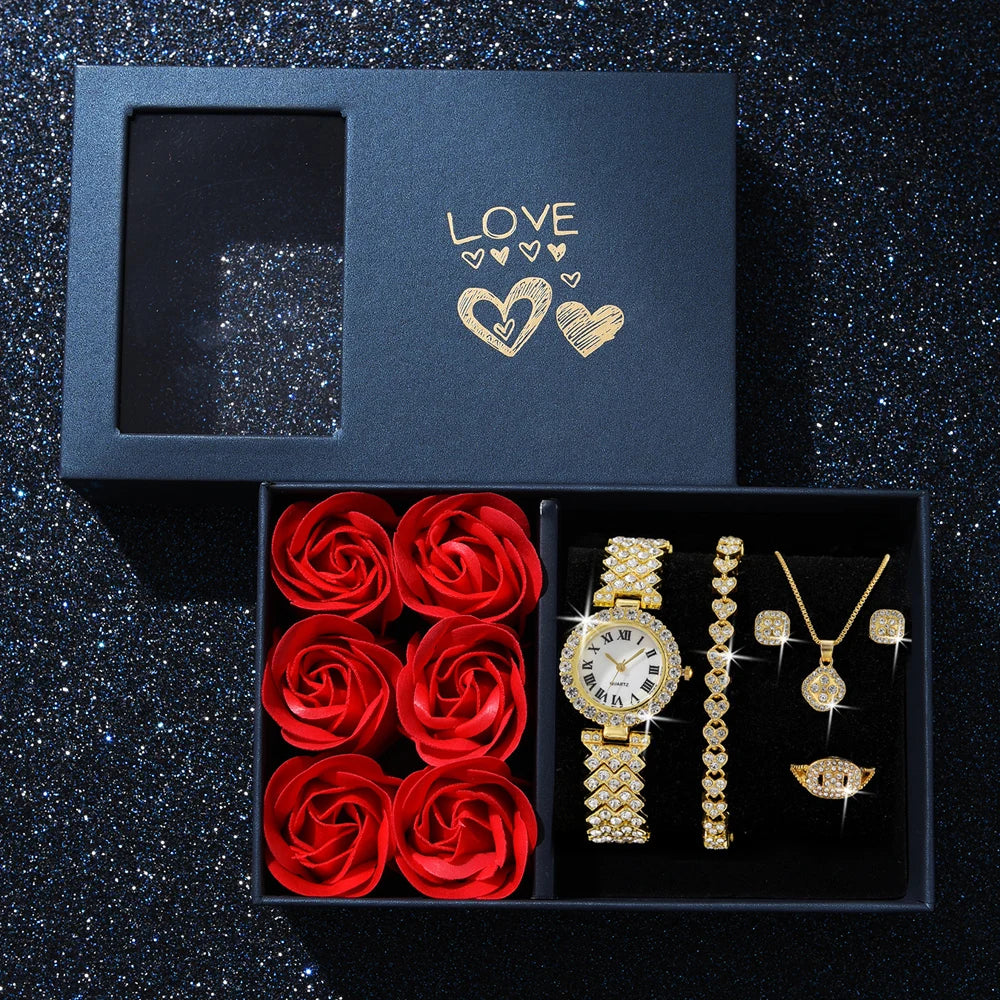 Fashionable Gold Watch and Necklace Set - Elegant Gift for Her