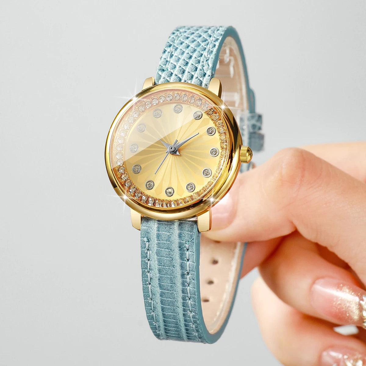 Elegant Women's Rhinestone Quartz Watch – Blue Leather Strap Ladies Wristwatch