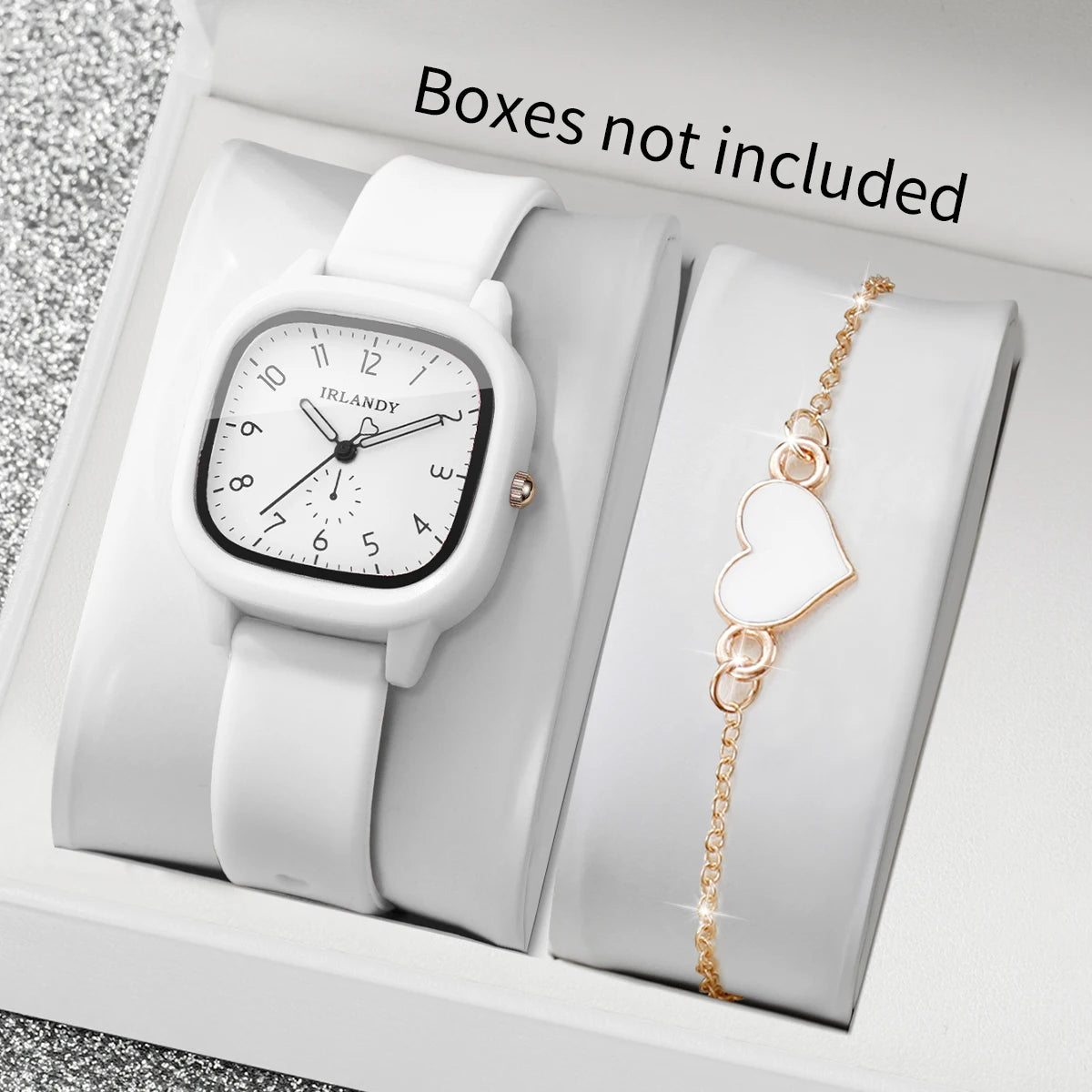 Fashion Arabic Dial Women's Quartz Watch & Heart Bracelet Set – 2PCS Square Silicone Wristwatch