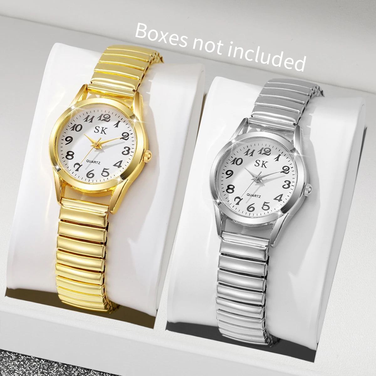 Elegant Elastic Strap Women's Quartz Watch – Small Arabic Dial Ladies Wristwatch Set