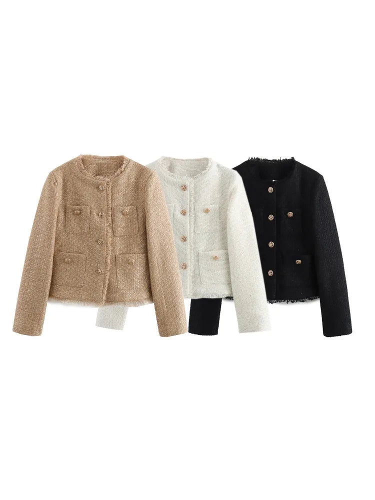Chic Female Tweed Jacket Coat, Woolen Outerwear, Long Sleeve, Front Button