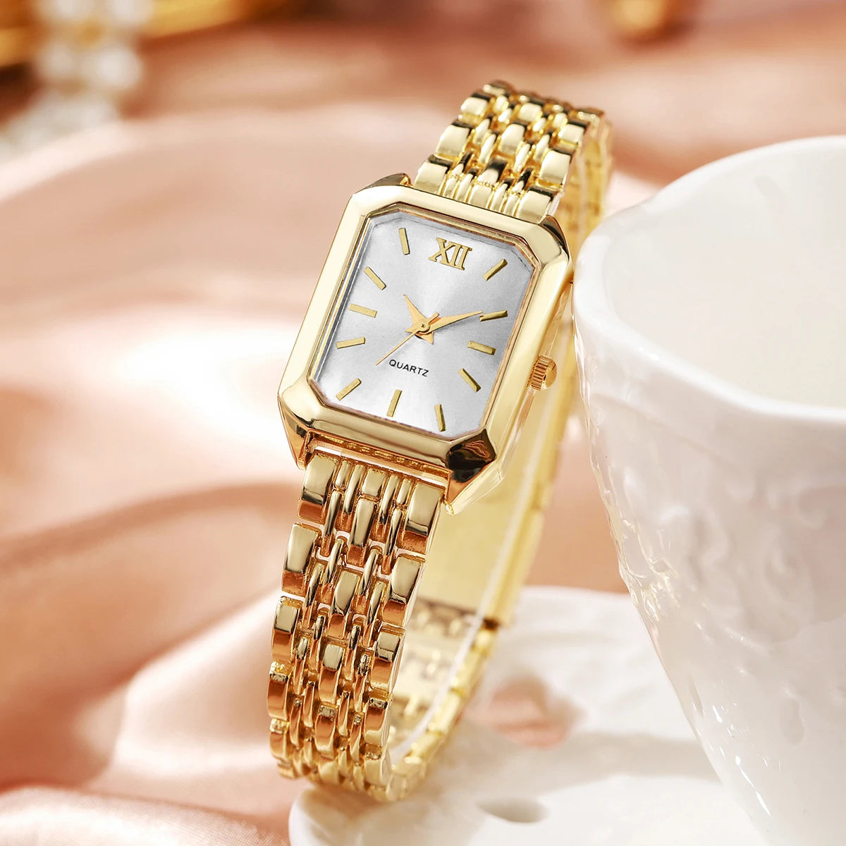 Elegant Rectangle Women's Quartz Watch & Rhinestone Jewelry Set – 6PCS Ladies Wristwatch