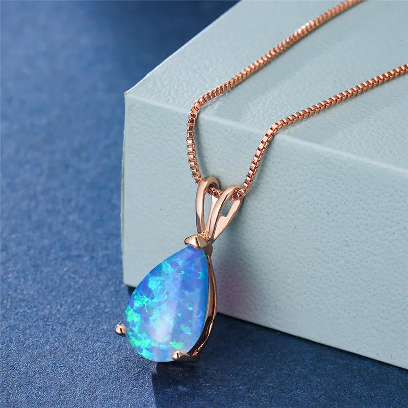 Boho White Opal Teardrop Necklace – Rose Gold