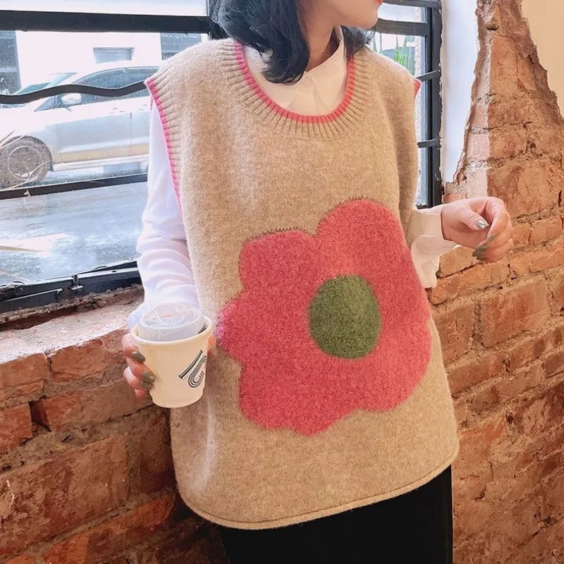 New Knitted Vest Women's Autumn Loose Small Fresh Flower Vest