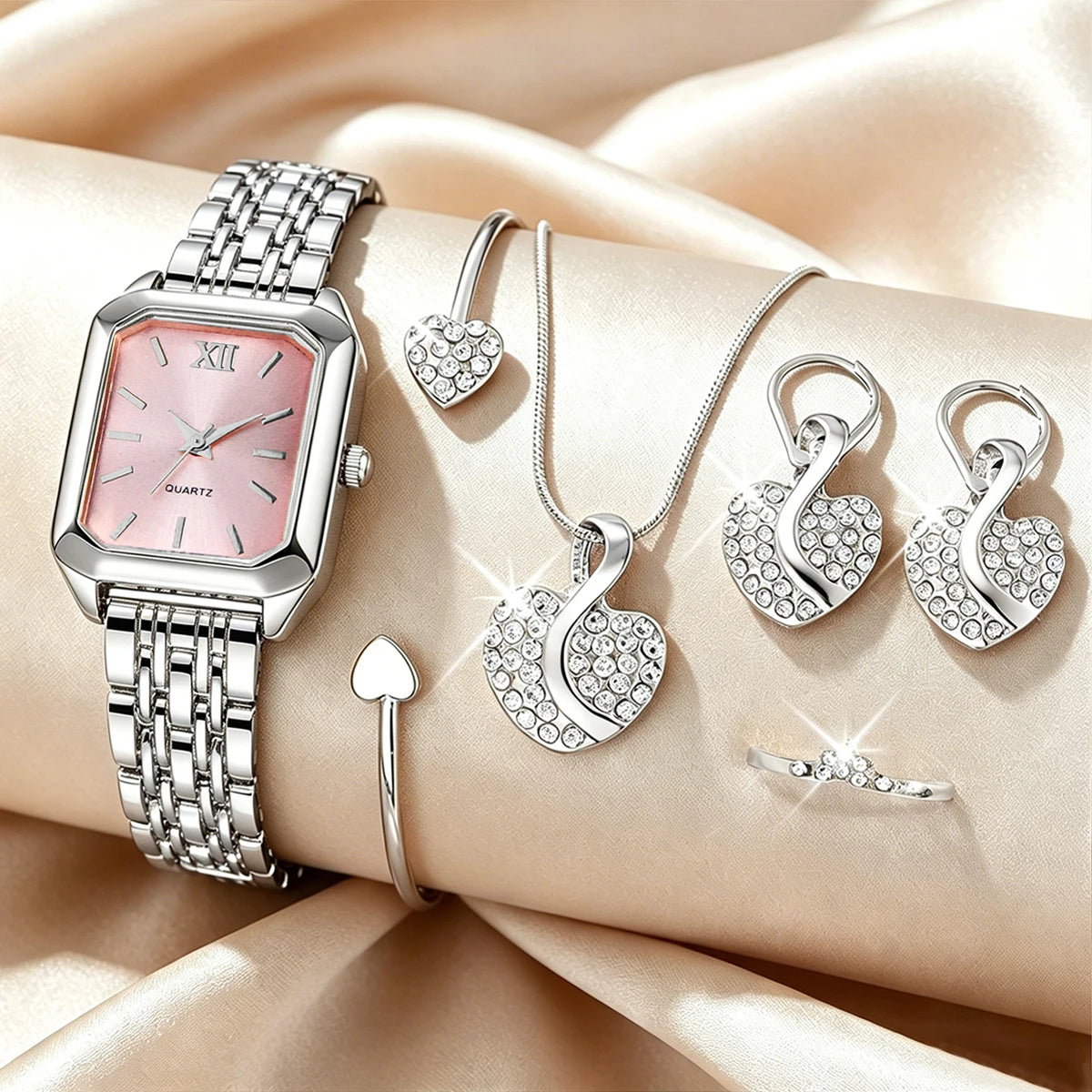 Elegant Rectangle Women's Quartz Watch & Rhinestone Heart Jewelry Set – 6PCS Ladies Wristwatch