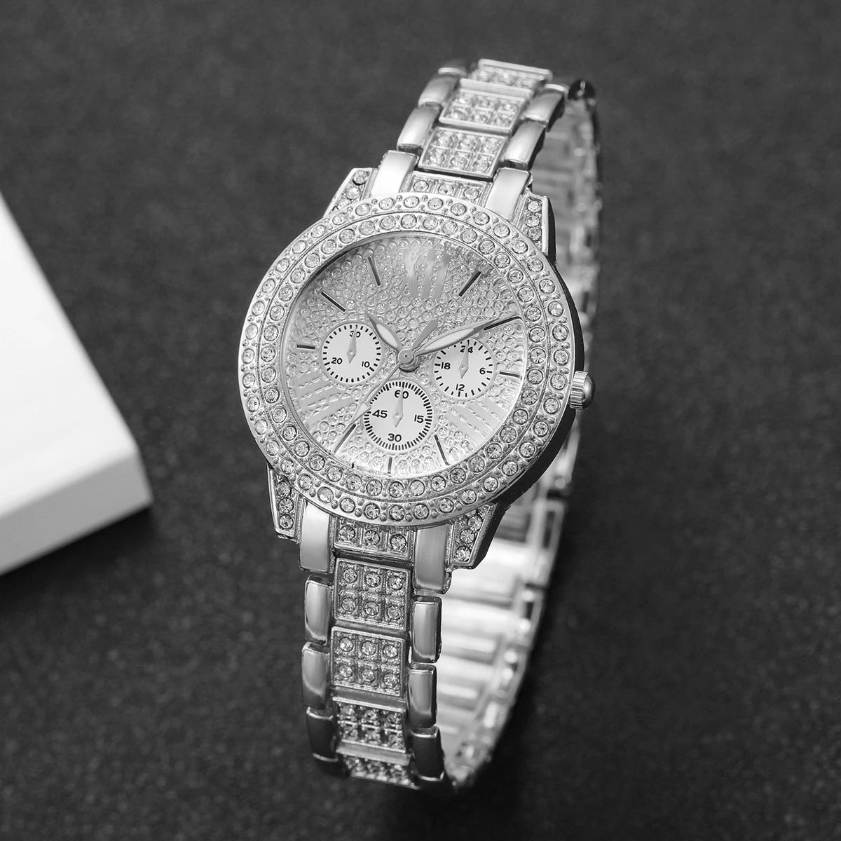 Luxury Full Diamond Women's Quartz Watch & Heart Bracelet Set – 2PCS Ladies Wristwatch