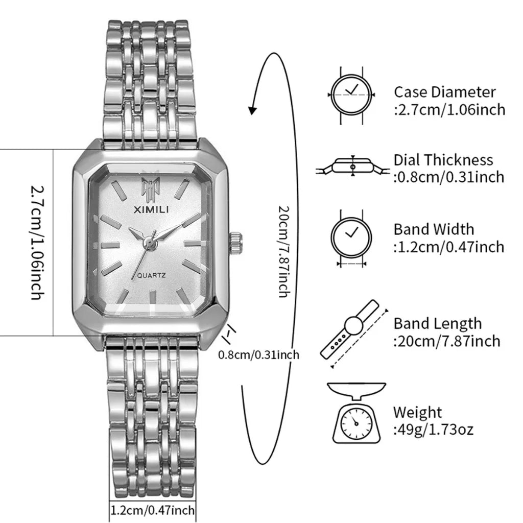 Fashion Rectangle Women's Quartz Watch & Jewelry Set – 6PCS Steel Band Wristwatch