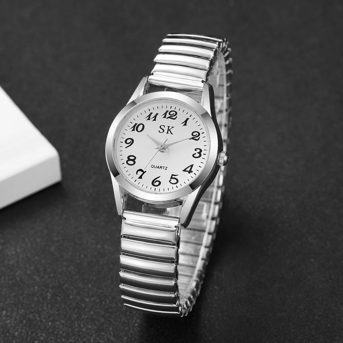 Elegant Elastic Strap Women's Quartz Watch – Small Arabic Dial Ladies Wristwatch Set