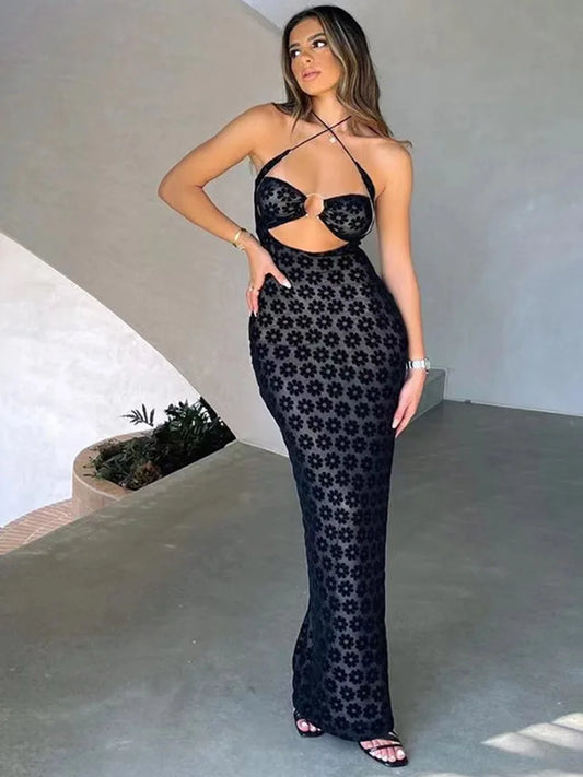 Hollow Halter Neck See-Through Maxi Dress