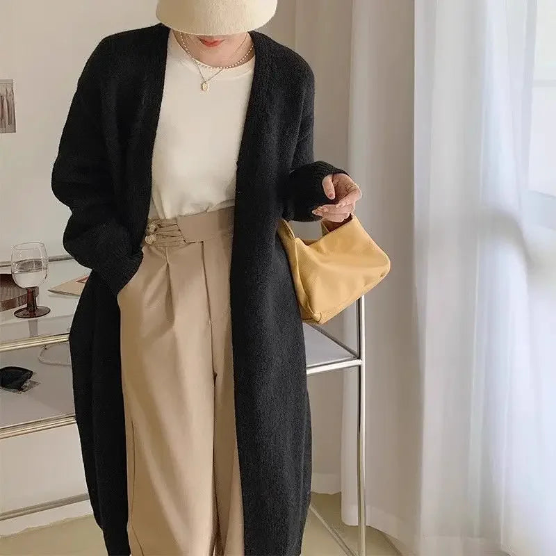 New minimalist and versatile autumn long knitted cardigan for women with a lazy style over the knee V-neck thick sweater jacket