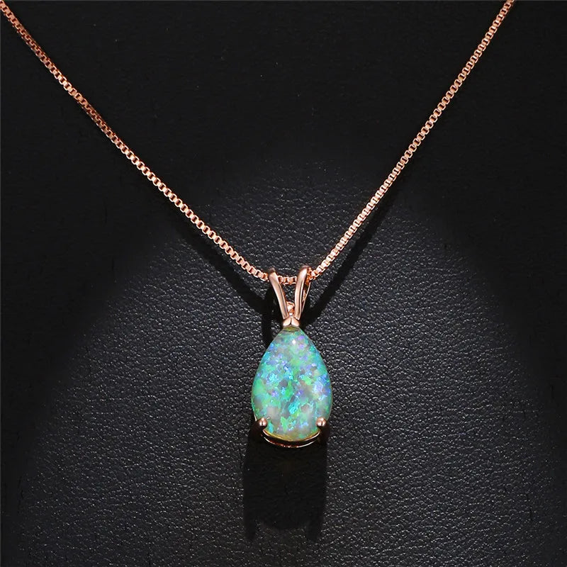 Boho White Opal Teardrop Necklace – Rose Gold