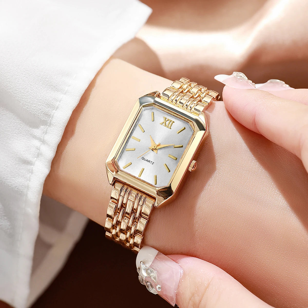 Elegant Rectangle Women's Quartz Watch & Rhinestone Heart Jewelry Set – 6PCS Ladies Wristwatch