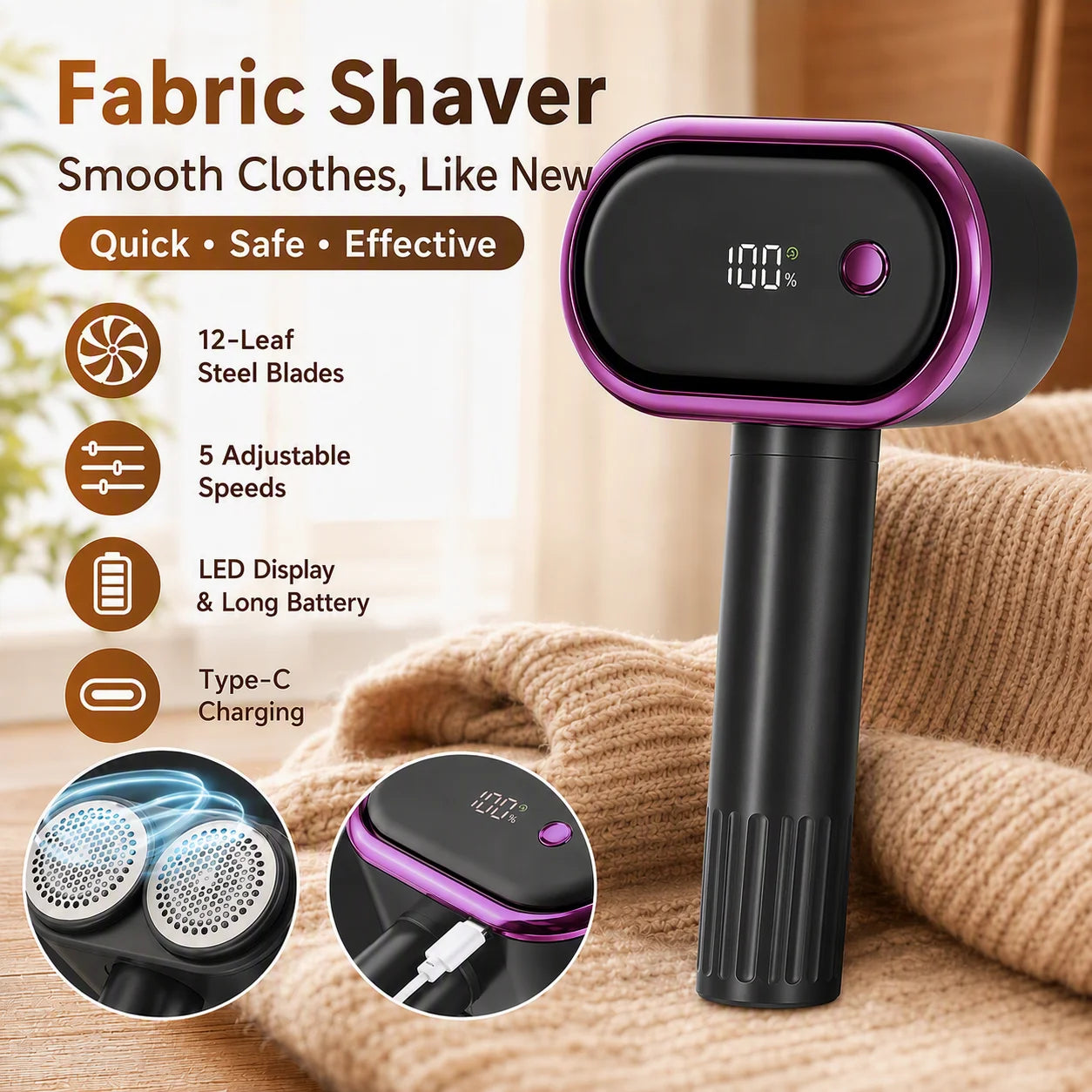5-Speed Electric Lint Remover – LED Display Fabric Shaver for Clothes & Sofas