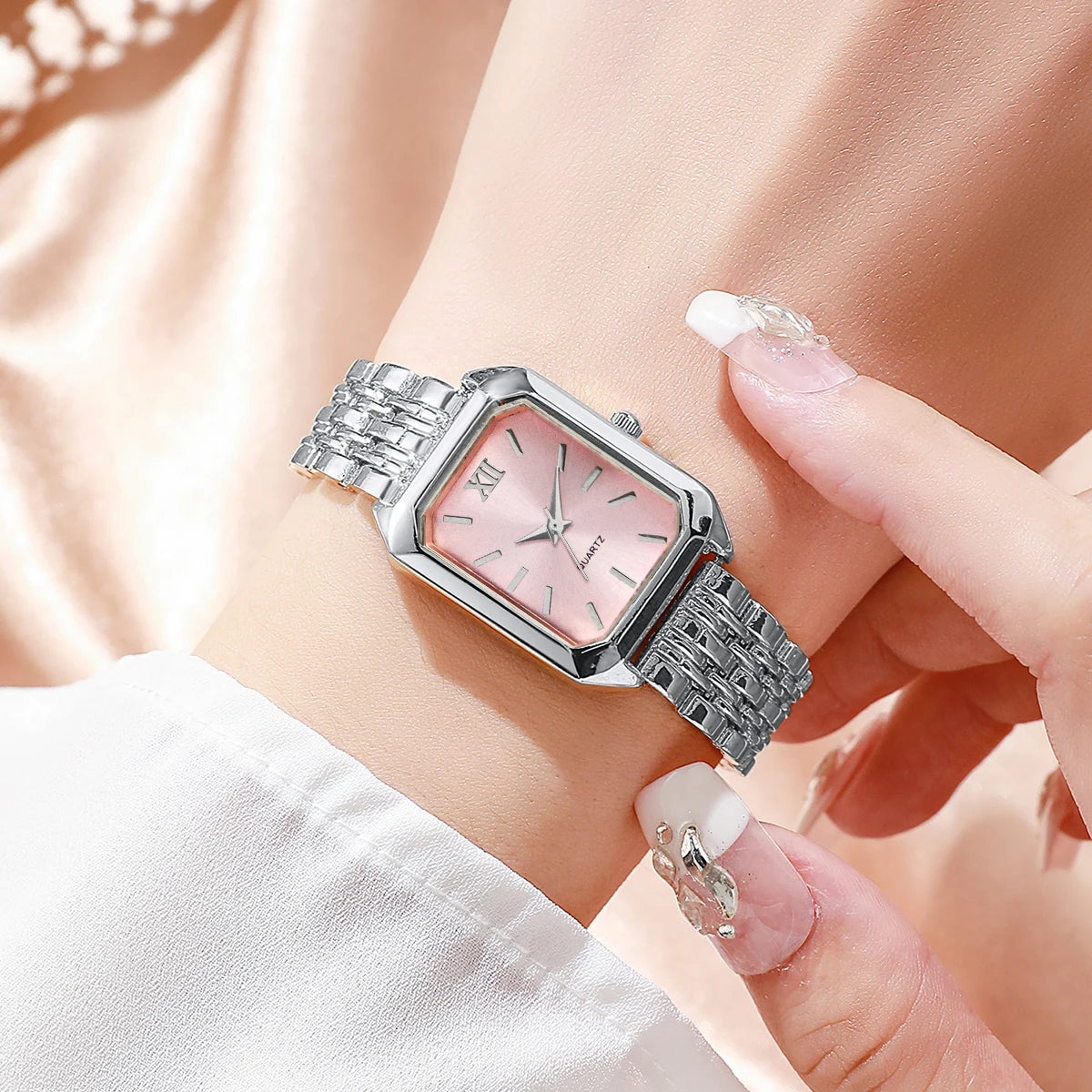 Elegant Rectangle Women's Quartz Watch & Rhinestone Heart Jewelry Set – 6PCS Ladies Wristwatch