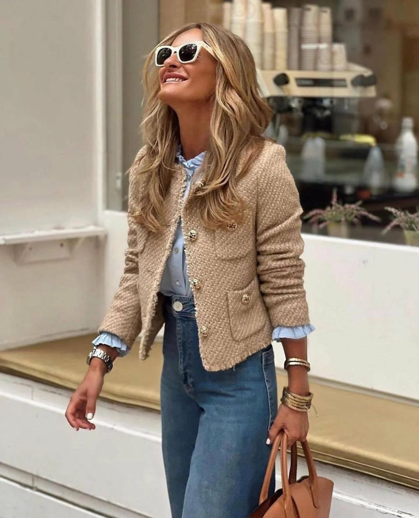 Chic Female Tweed Jacket Coat, Woolen Outerwear, Long Sleeve, Front Button