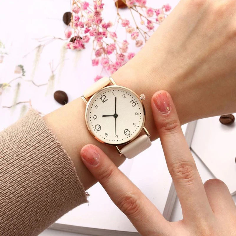 Women's Casual Leather Quartz Watch – Arabic Numbers Analog Wristwatch