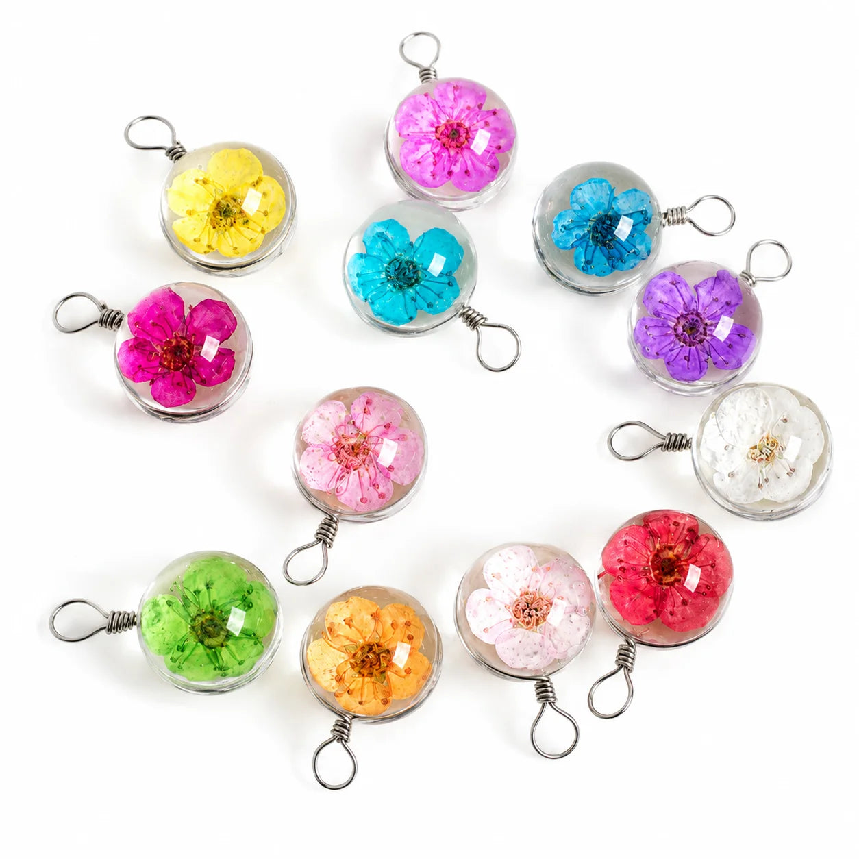 Handmade Pressed Flower Glass Charm Pendant – 12MM Mini Floral Dangle for DIY Jewelry