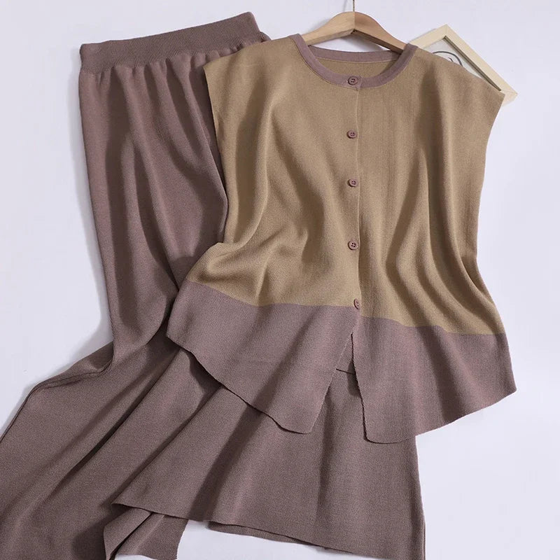 Elegant Office Two-Piece Knitted Set - Sleeveless Button Top & High-Waist Split Skirt