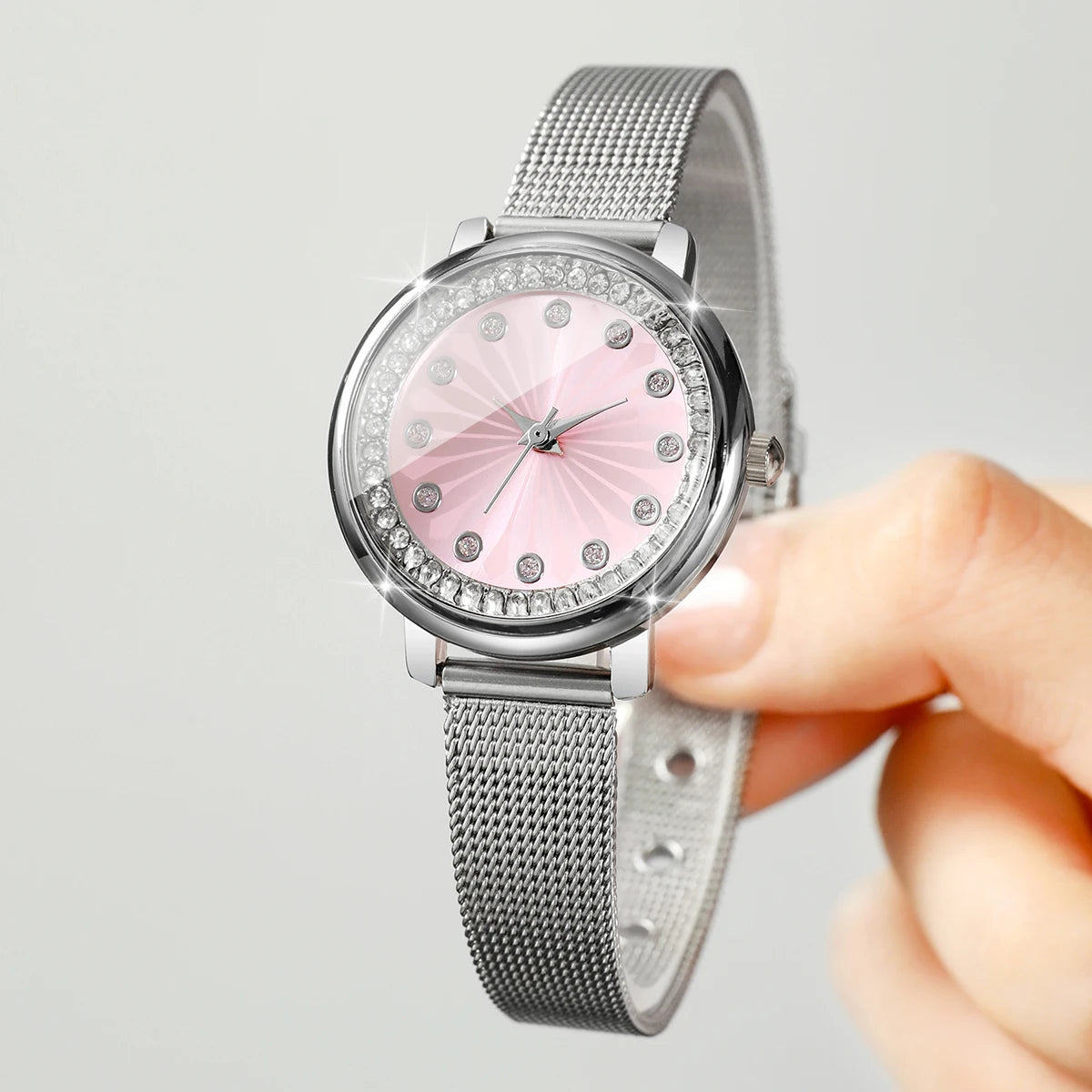 Elegant Women's Rhinestone Quartz Watch – Silver Mesh Strap Dress Wristwatch