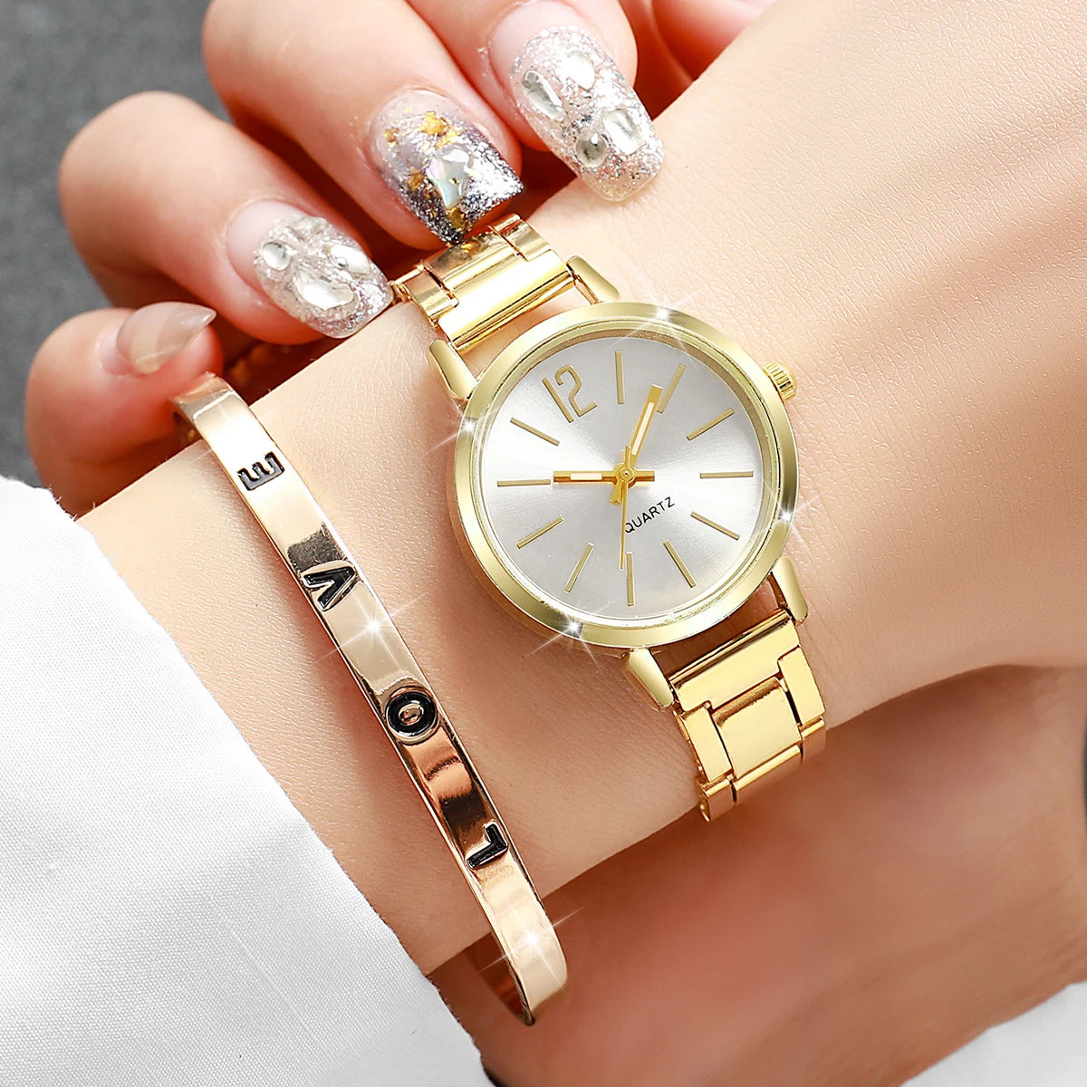 Women's Steel Band Quartz Watch & Diamond Bracelet Set – 6PCS Fashion Wristwatch
