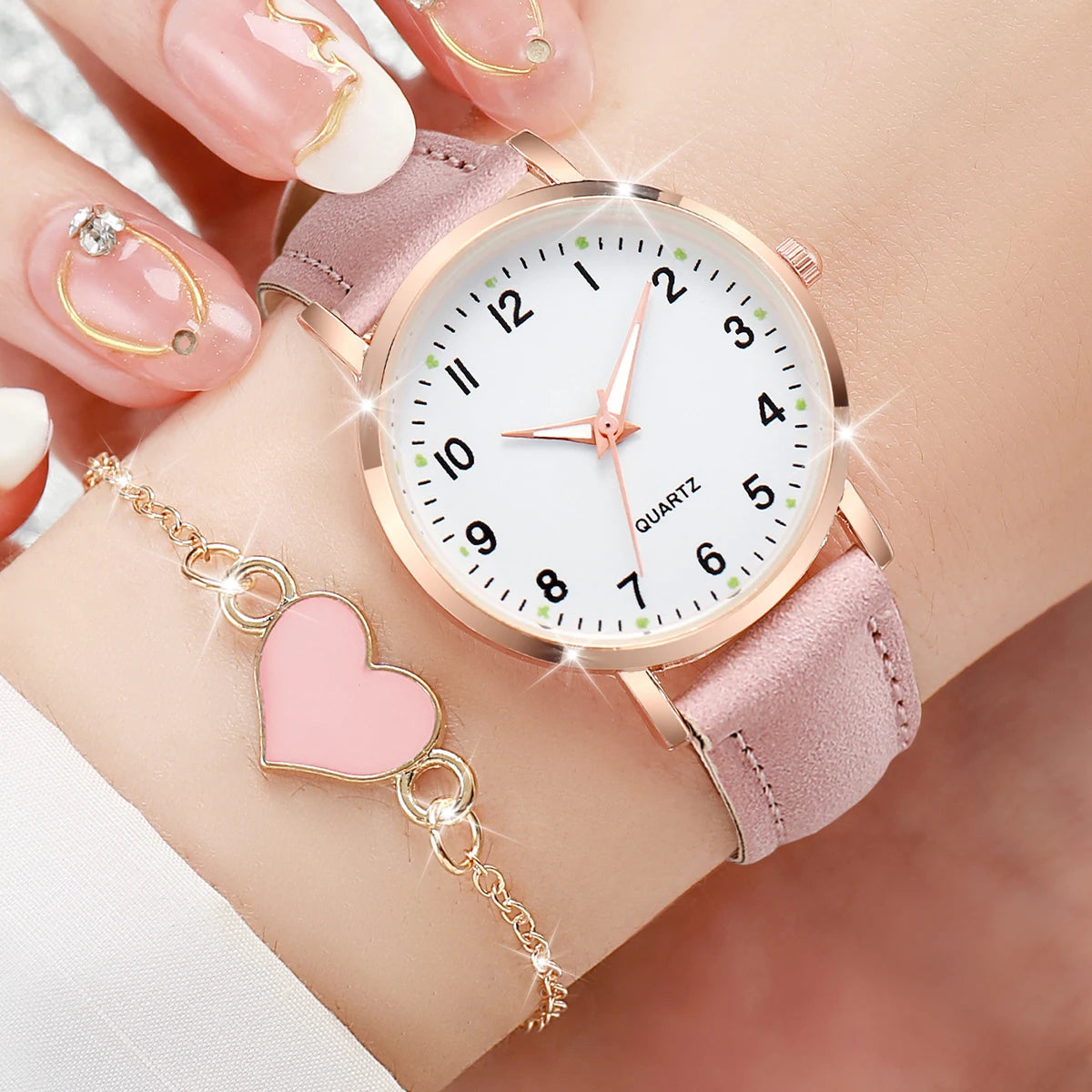 Fashion Women's Leather Quartz Watch & Heart Bracelet Set – 4/6PCS Arabic Dial Wristwatch