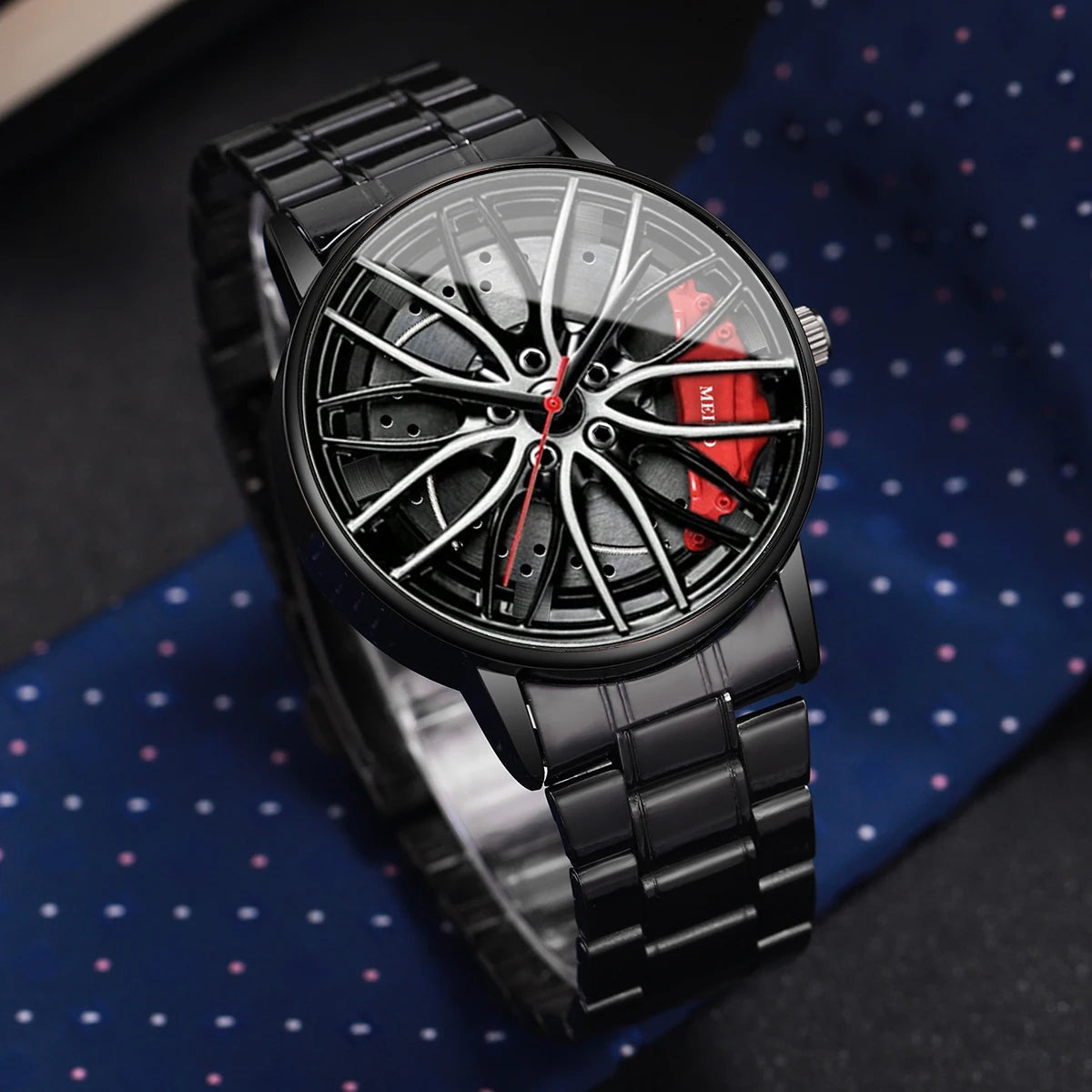 Men's Sports 3D Car Wheel Quartz Watch – Stainless Steel Band Wristwatch